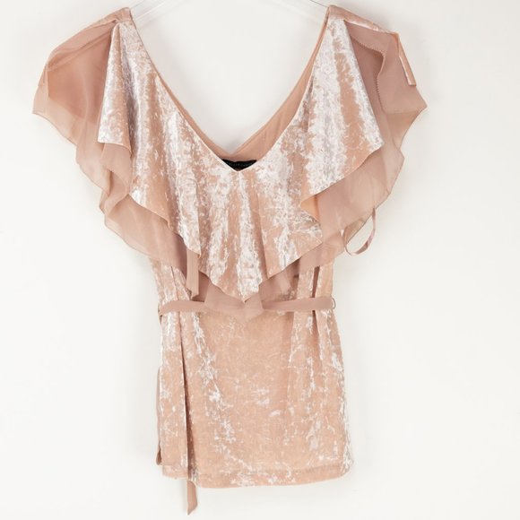 White House Black Market Velvet Ruffle Flounce Top Belted Blouse Pink Size XS - Picture 2 of 7